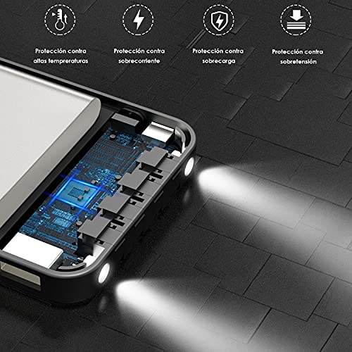 1 Hora Power Bank 10000 mah Ultra Slim de Bateria Portatil con 4 Cables Incorporados Tipo C USBc y Luz Carga Powerbank 10000 Compatible para IP, Samsung, Xiaomi,Negro